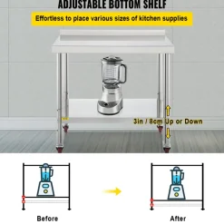 VEVOR Stainless Steel Prep Table, 24 x 72 x 34 Inch, 880 lbs Load Capacity, Heavy Duty Metal Worktable with 3 Adjustable Height Levels, Commercial Workstation for Kitchen Garage Restaurant Backyard