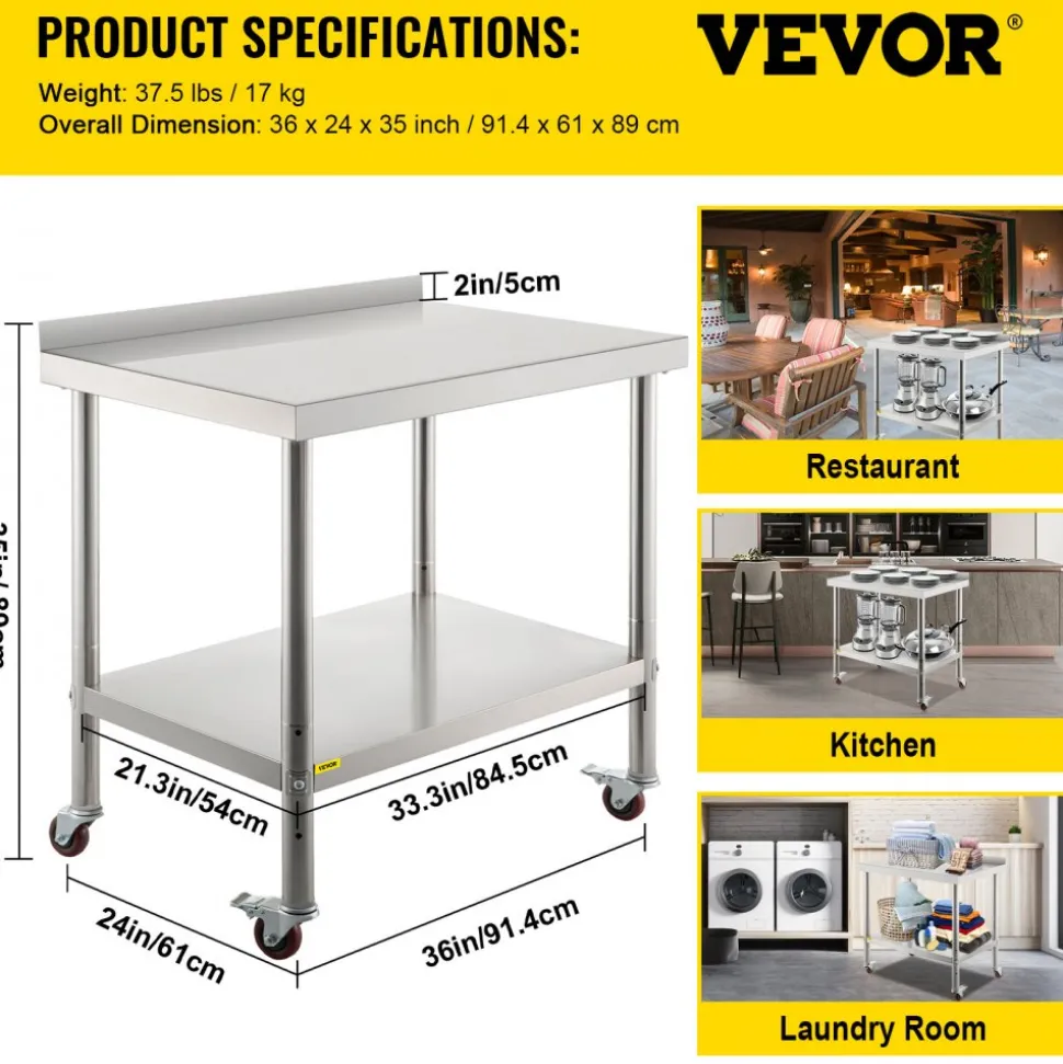 VEVOR Stainless Steel Prep Table, 24 x 72 x 34 Inch, 880 lbs Load Capacity, Heavy Duty Metal Worktable with 3 Adjustable Height Levels, Commercial Workstation for Kitchen Garage Restaurant Backyard