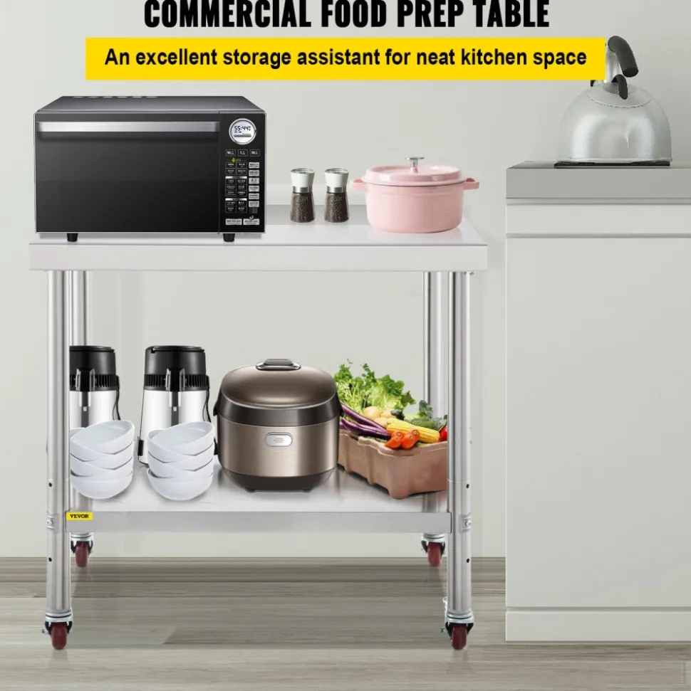 VEVOR Stainless Steel Prep Table, 24 x 72 x 34 Inch, 880 lbs Load Capacity, Heavy Duty Metal Worktable with 3 Adjustable Height Levels, Commercial Workstation for Kitchen Garage Restaurant Backyard