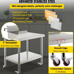 VEVOR Stainless Steel Prep Table, 24 x 72 x 34 Inch, 880 lbs Load Capacity, Heavy Duty Metal Worktable with 3 Adjustable Height Levels, Commercial Workstation for Kitchen Garage Restaurant Backyard