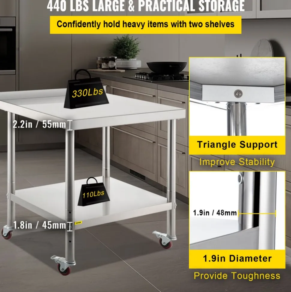 VEVOR Stainless Steel Prep Table, 24 x 72 x 34 Inch, 880 lbs Load Capacity, Heavy Duty Metal Worktable with 3 Adjustable Height Levels, Commercial Workstation for Kitchen Garage Restaurant Backyard