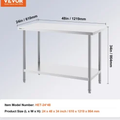 VEVOR Stainless Steel Prep Table, 24 x 48 x 34 Inch, 800 lbs Load Capacity, Heavy Duty Metal Worktable with 3 Adjustable Height Levels, Commercial Workstation for Kitchen Garage Restaurant Backyard