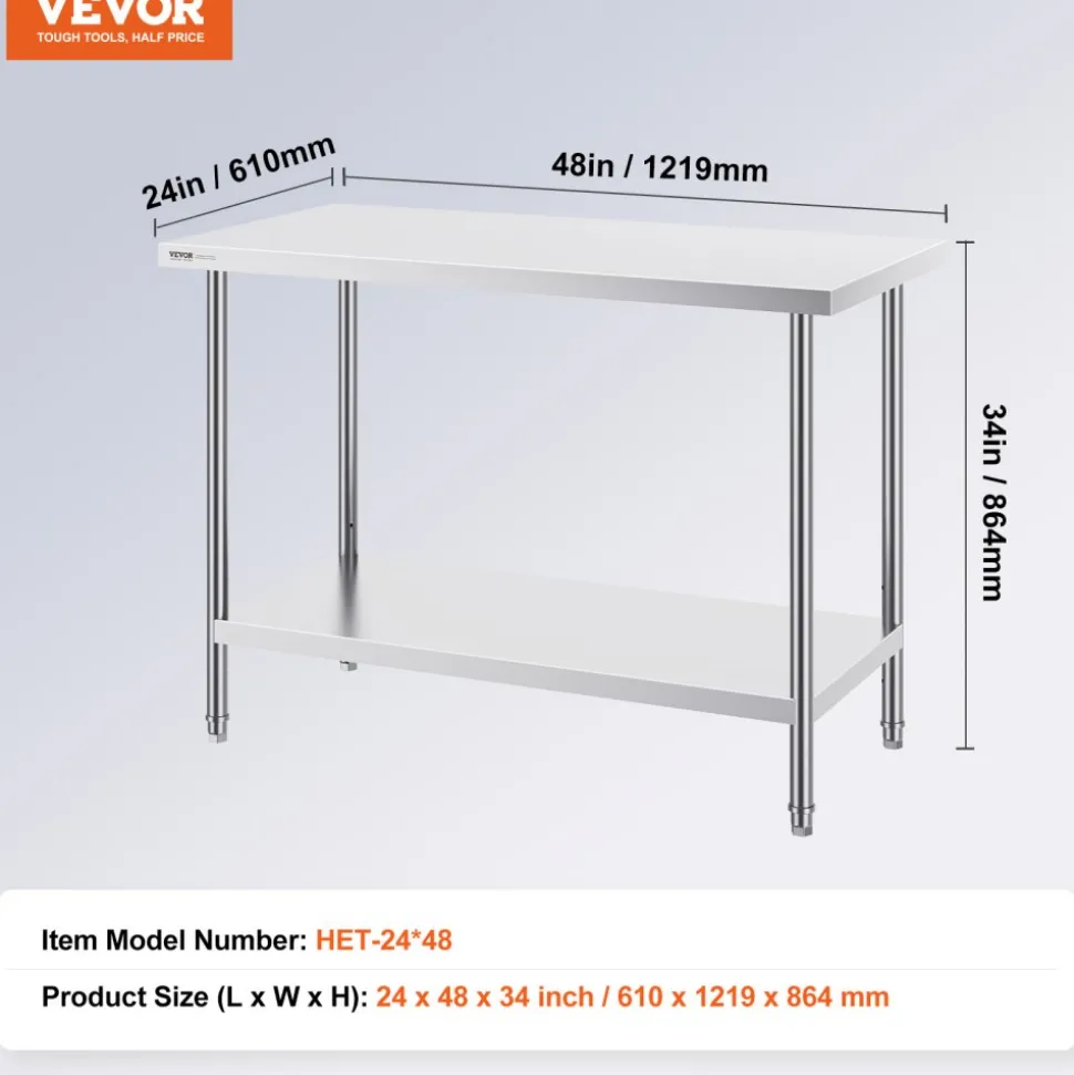VEVOR Stainless Steel Prep Table, 24 x 48 x 34 Inch, 800 lbs Load Capacity, Heavy Duty Metal Worktable with 3 Adjustable Height Levels, Commercial Workstation for Kitchen Garage Restaurant Backyard