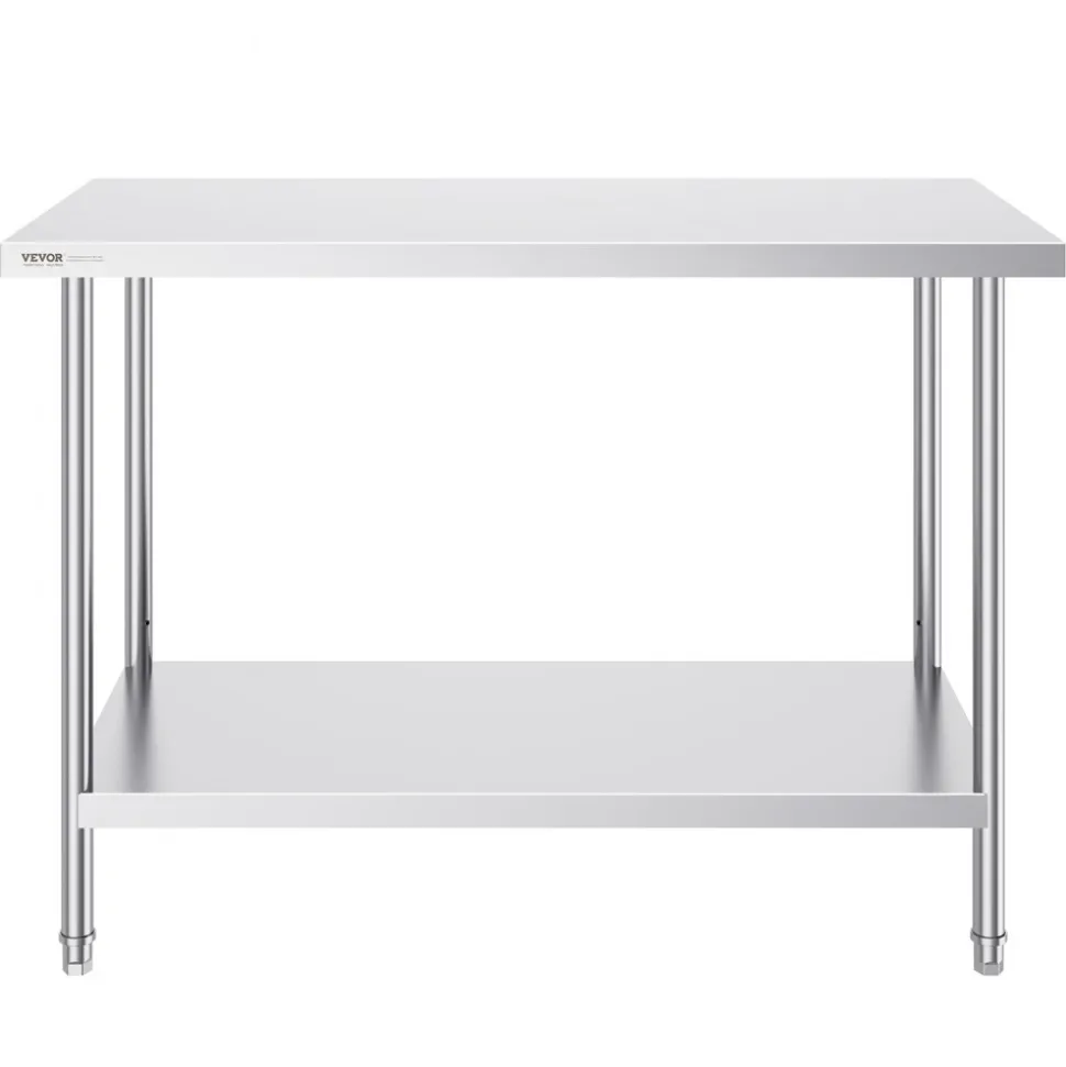 VEVOR Stainless Steel Prep Table, 24 x 48 x 34 Inch, 800 lbs Load Capacity, Heavy Duty Metal Worktable with 3 Adjustable Height Levels, Commercial Workstation for Kitchen Garage Restaurant Backyard