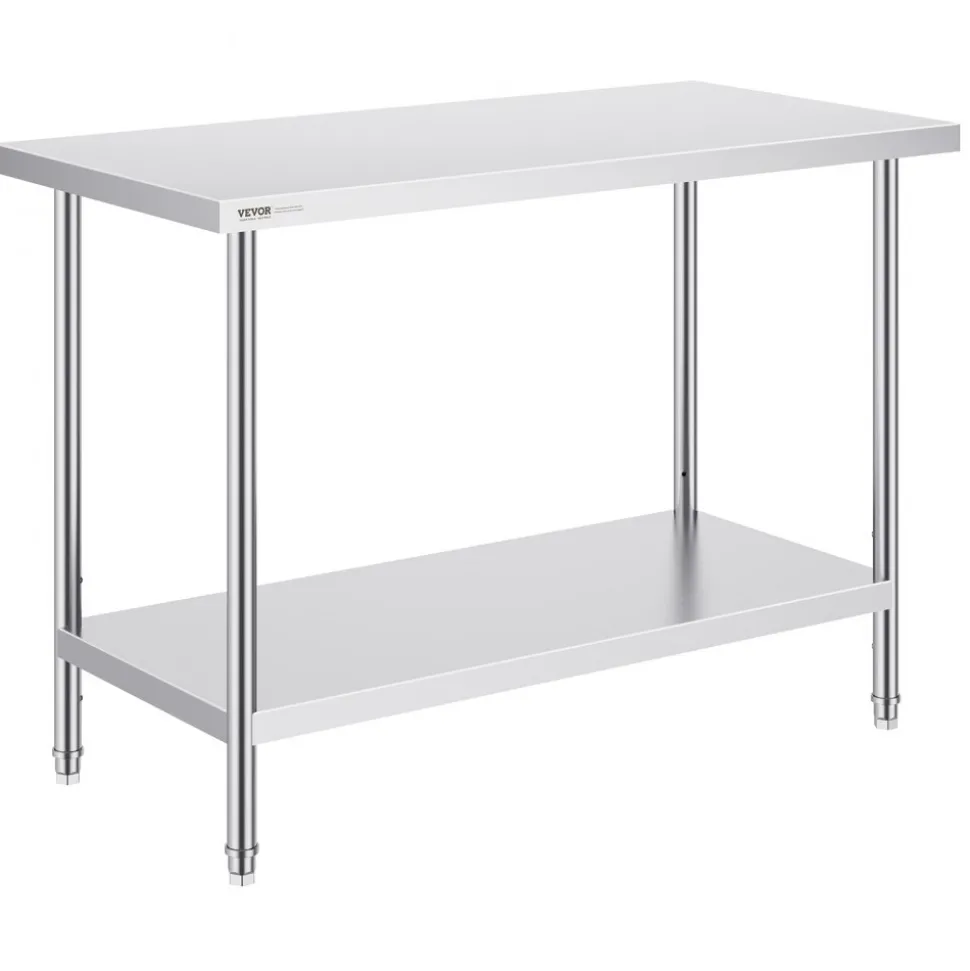VEVOR Stainless Steel Prep Table, 24 x 48 x 34 Inch, 800 lbs Load Capacity, Heavy Duty Metal Worktable with 3 Adjustable Height Levels, Commercial Workstation for Kitchen Garage Restaurant Backyard