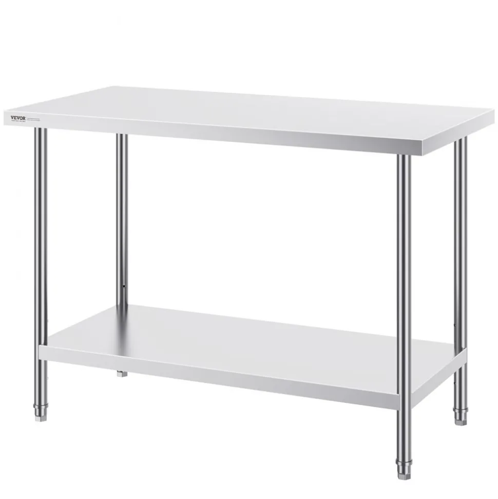 VEVOR Stainless Steel Prep Table, 24 x 48 x 34 Inch, 800 lbs Load Capacity, Heavy Duty Metal Worktable with 3 Adjustable Height Levels, Commercial Workstation for Kitchen Garage Restaurant Backyard