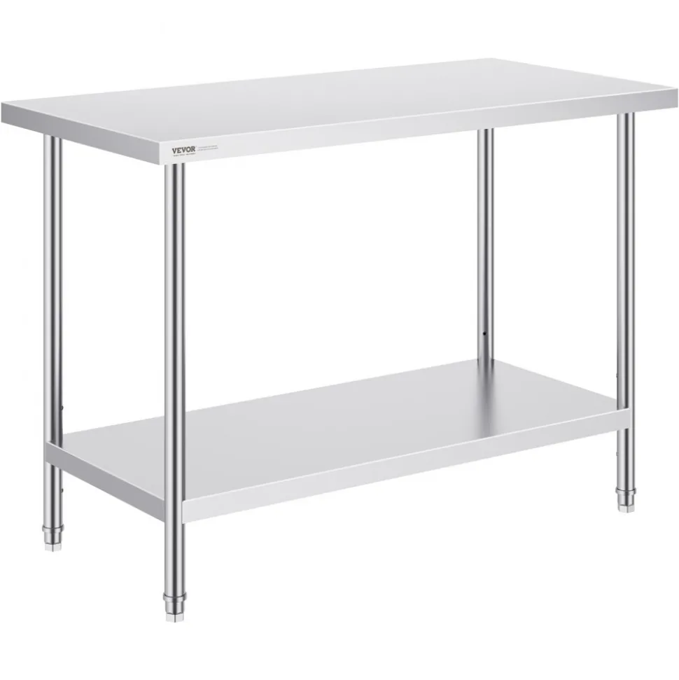VEVOR Stainless Steel Prep Table, 24 x 48 x 34 Inch, 800 lbs Load Capacity, Heavy Duty Metal Worktable with 3 Adjustable Height Levels, Commercial Workstation for Kitchen Garage Restaurant Backyard