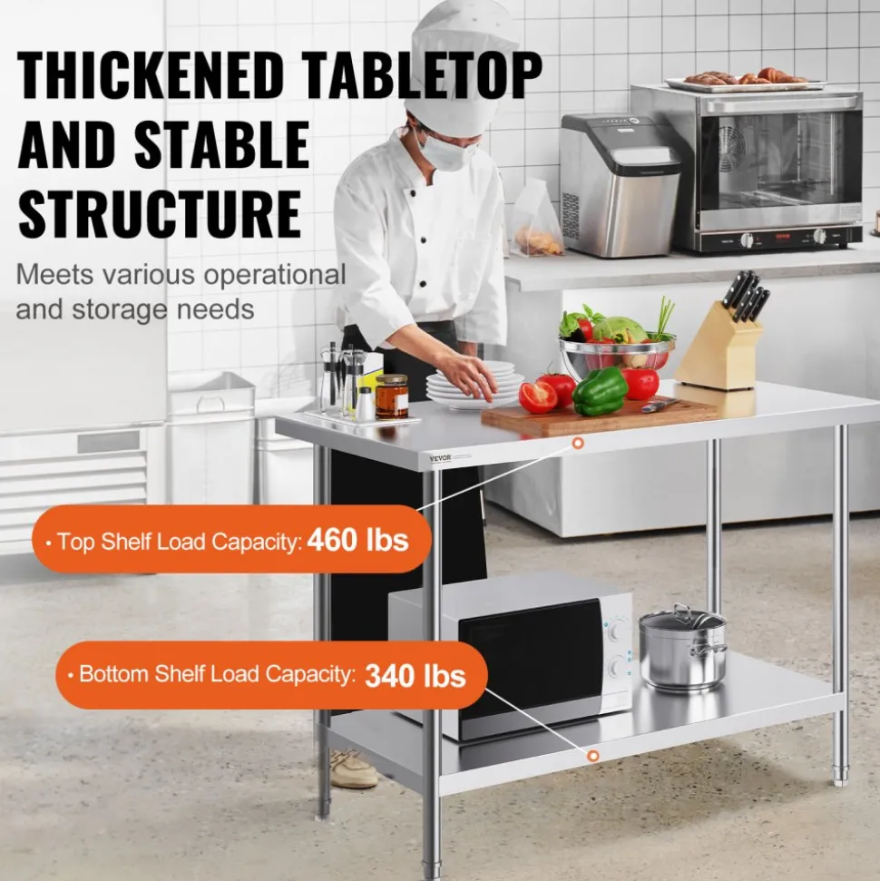 VEVOR Stainless Steel Prep Table, 24 x 48 x 34 Inch, 800 lbs Load Capacity, Heavy Duty Metal Worktable with 3 Adjustable Height Levels, Commercial Workstation for Kitchen Garage Restaurant Backyard