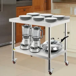 VEVOR Stainless Steel Prep Table, 30 x 24 x 35 Inch, 440lbs Load Capacity Heavy Duty Metal Worktable with Backsplash Adjustable Undershelf & 4 Casters, Commercial Workstation for Kitchen Restaurant