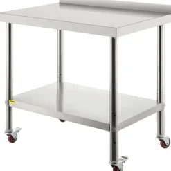 VEVOR Stainless Steel Prep Table, 30 x 24 x 35 Inch, 440lbs Load Capacity Heavy Duty Metal Worktable with Backsplash Adjustable Undershelf & 4 Casters, Commercial Workstation for Kitchen Restaurant