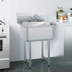 VEVOR Stainless Steel Prep & Utility Sink, 1 Compartment Free Standing Small Sink Include Faucet & legs, 27