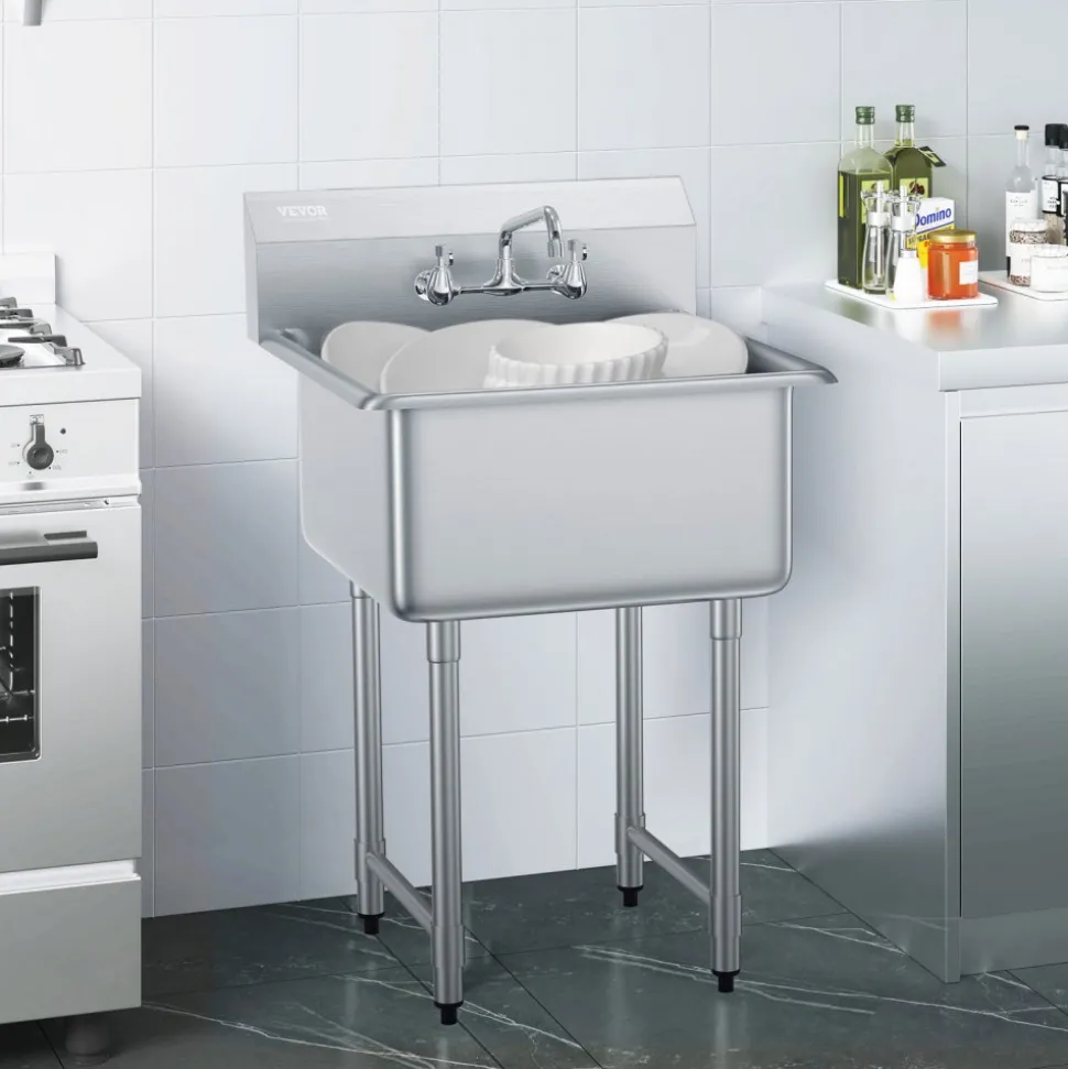 VEVOR Stainless Steel Prep & Utility Sink, 1 Compartment Free Standing Small Sink Include Faucet & legs, 27"x41" Commercial Single Bowl Sinks for Garage, Restaurant, Kitchen, Laundry