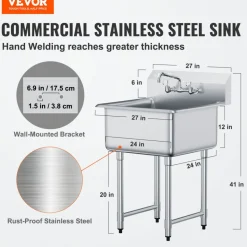 VEVOR Stainless Steel Prep & Utility Sink, 1 Compartment Free Standing Small Sink Include Faucet & legs, 27