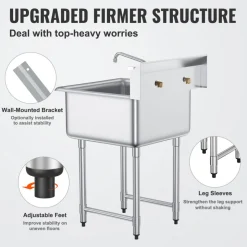 VEVOR Stainless Steel Prep & Utility Sink, 1 Compartment Free Standing Small Sink Include Faucet & legs, 27