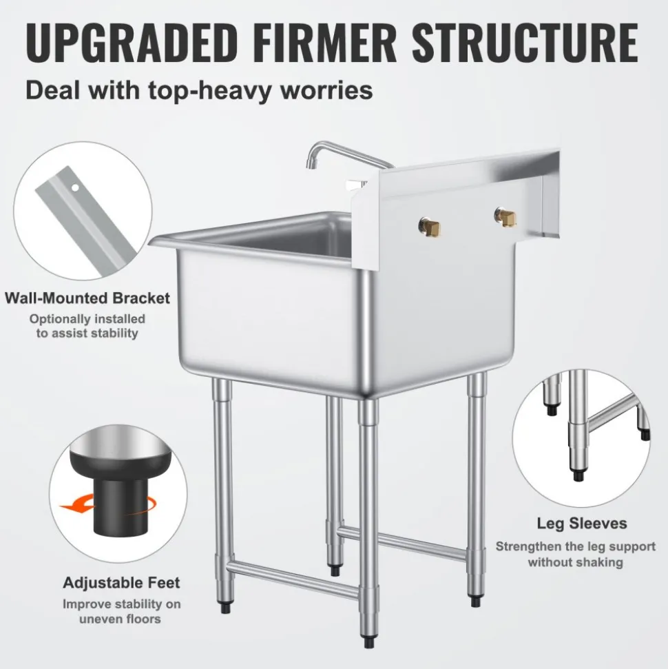 VEVOR Stainless Steel Prep & Utility Sink, 1 Compartment Free Standing Small Sink Include Faucet & legs, 27"x41" Commercial Single Bowl Sinks for Garage, Restaurant, Kitchen, Laundry