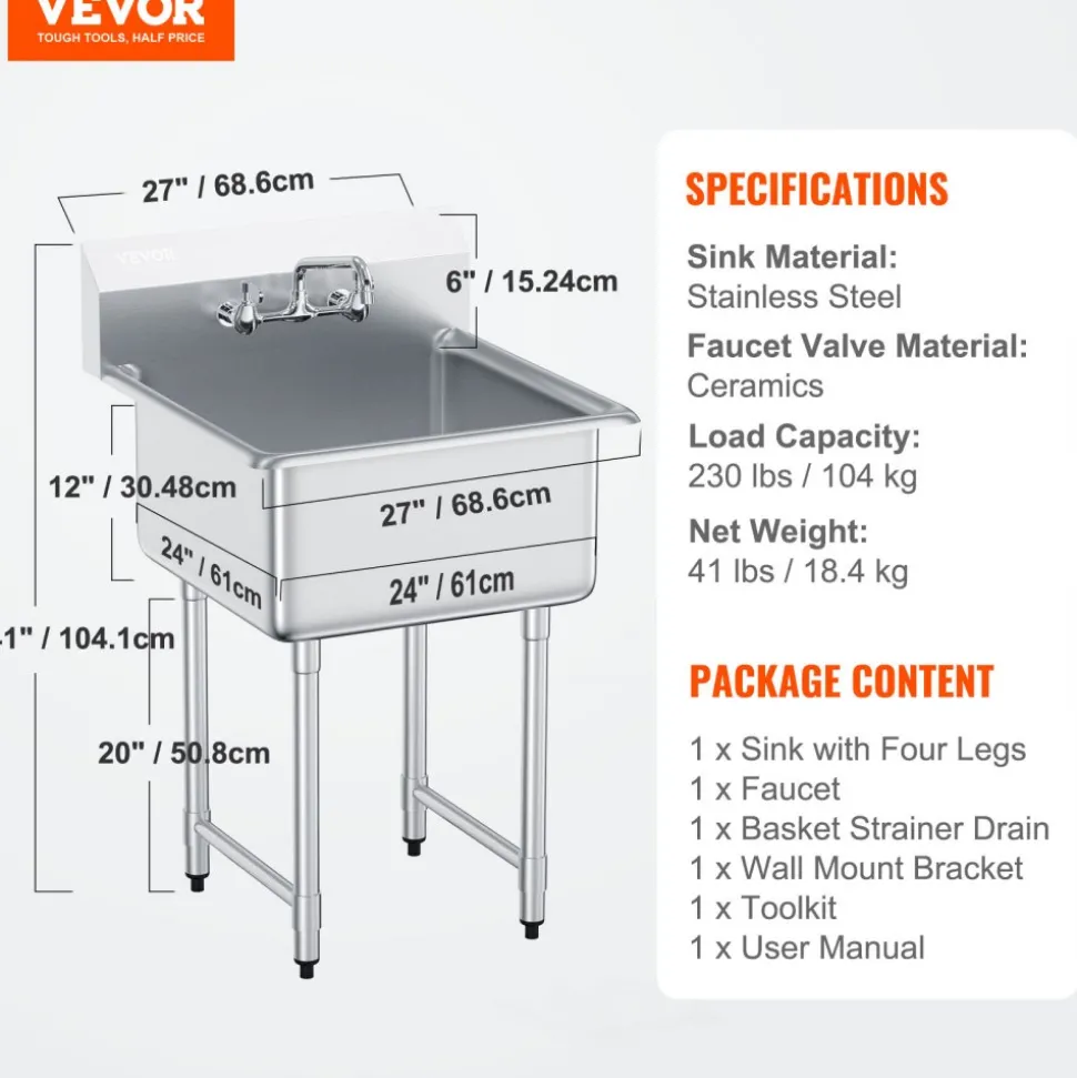 VEVOR Stainless Steel Prep & Utility Sink, 1 Compartment Free Standing Small Sink Include Faucet & legs, 27"x41" Commercial Single Bowl Sinks for Garage, Restaurant, Kitchen, Laundry