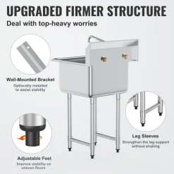 VEVOR Stainless Steel Prep & Utility Sink, 1 Compartment Free Standing Small Sink Include Faucet & legs, 21