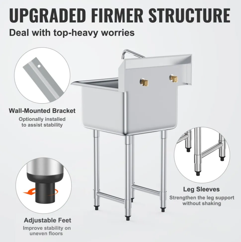 VEVOR Stainless Steel Prep & Utility Sink, 1 Compartment Free Standing Small Sink Include Faucet & legs, 21"x41" Commercial Single Bowl Sinks for Garage, Restaurant, Kitchen, Laundry