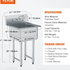 VEVOR Stainless Steel Prep & Utility Sink, 1 Compartment Free Standing Small Sink Include Faucet & legs, 21
