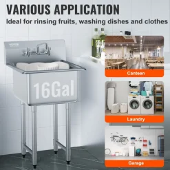 VEVOR Stainless Steel Prep & Utility Sink, 1 Compartment Free Standing Small Sink Include Faucet & legs, 21