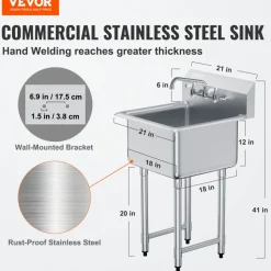 VEVOR Stainless Steel Prep & Utility Sink, 1 Compartment Free Standing Small Sink Include Faucet & legs, 21