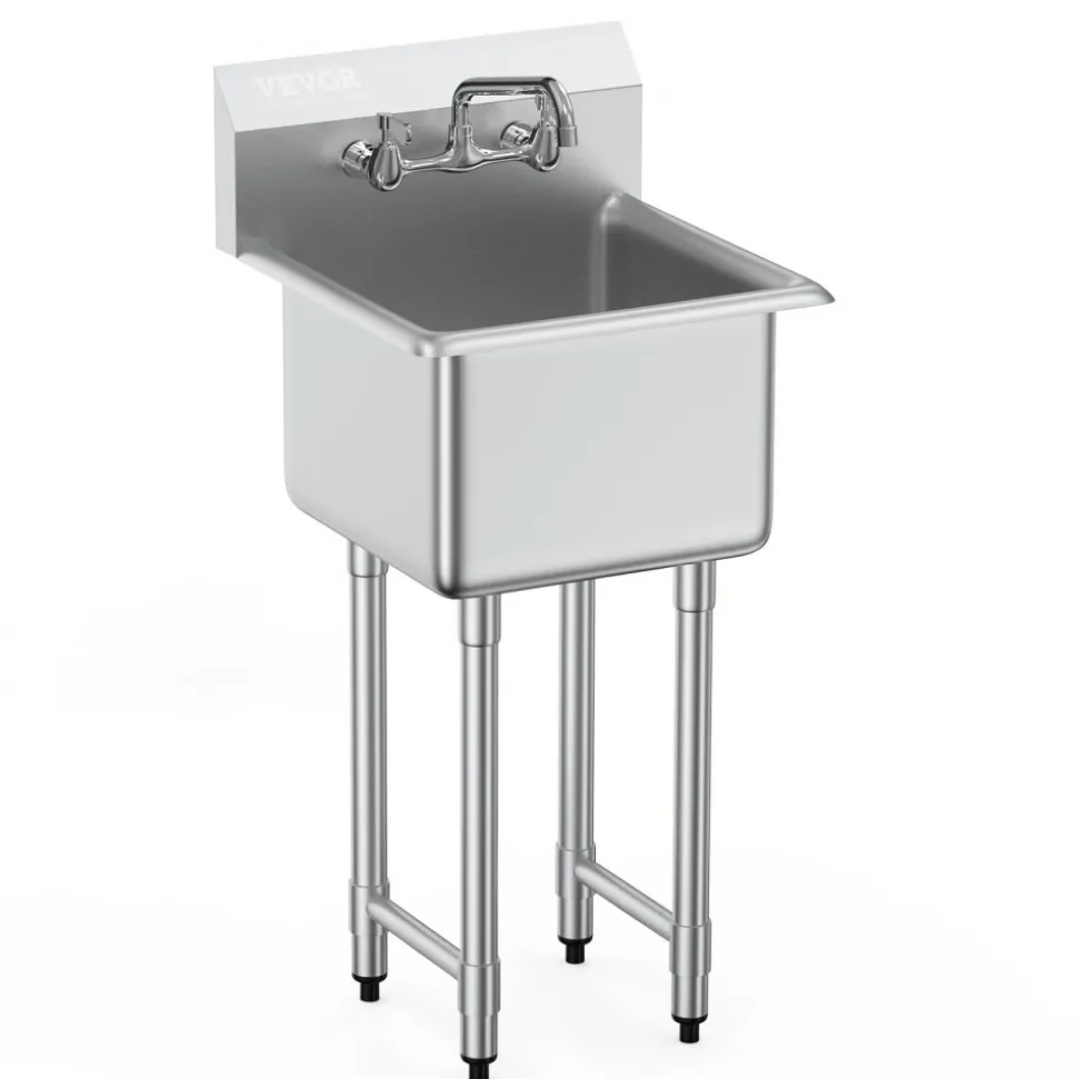 VEVOR Stainless Steel Prep & Utility Sink, 1 Compartment Free Standing Small Sink Include Faucet & legs, 18"x41" Commercial Single Bowl Sinks for Garage, Restaurant, Kitchen, Laundry