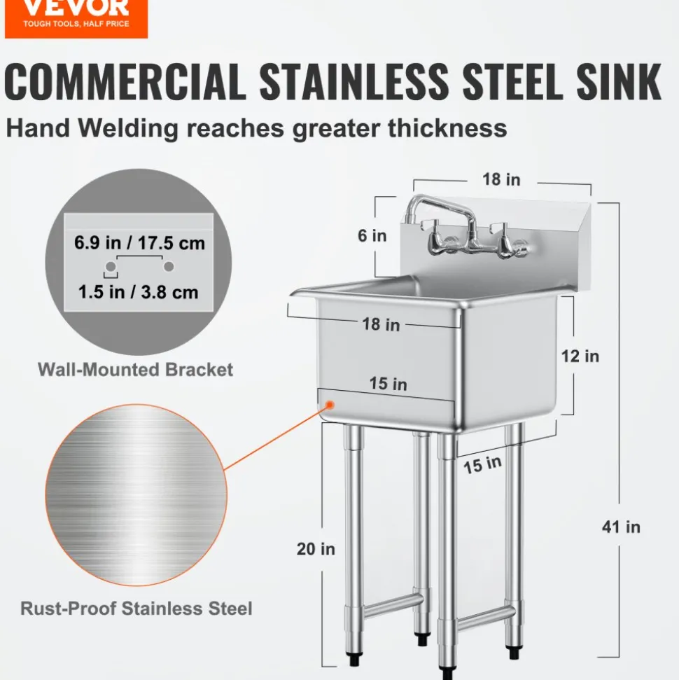 VEVOR Stainless Steel Prep & Utility Sink, 1 Compartment Free Standing Small Sink Include Faucet & legs, 18"x41" Commercial Single Bowl Sinks for Garage, Restaurant, Kitchen, Laundry
