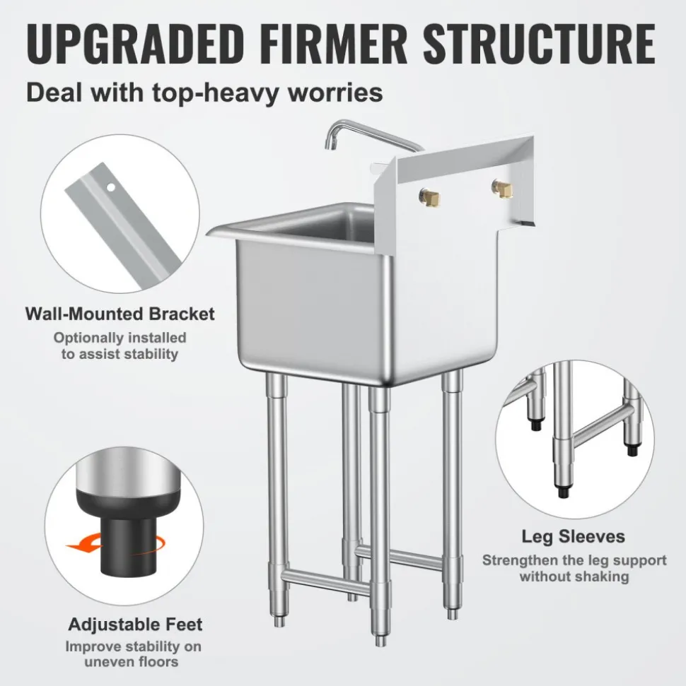 VEVOR Stainless Steel Prep & Utility Sink, 1 Compartment Free Standing Small Sink Include Faucet & legs, 18"x41" Commercial Single Bowl Sinks for Garage, Restaurant, Kitchen, Laundry