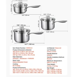 VEVOR Stainless Steel Saucepan Set, 1 QT & 2 QT & 3 QT Saucepans with Glass Lids, Multipurpose Nonstick Stainless Steel Sauce Pot with Ergonomic Handle, Friendly for Oven, Dishwasher, Induction Cooker