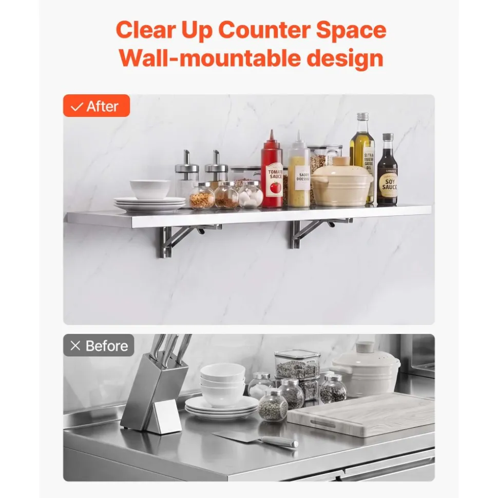 VEVOR Stainless Steel Shelf 12" x 48" Foldable Wall Mount Floating Shelf, Heavy-Duty Commercial Shelves with Brackets, 300LBS Capacity, Easy to Clean, Suitable for Restaurant, Home Kitchen, Garage