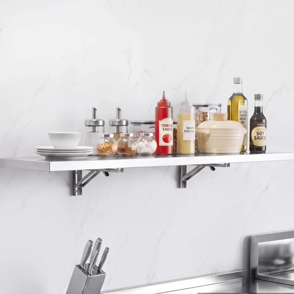 VEVOR Stainless Steel Shelf 12" x 48" Foldable Wall Mount Floating Shelf, Heavy-Duty Commercial Shelves with Brackets, 300LBS Capacity, Easy to Clean, Suitable for Restaurant, Home Kitchen, Garage