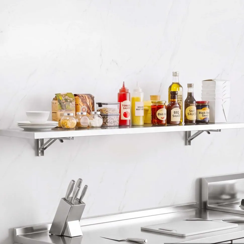 VEVOR Stainless Steel Shelf 12" x 72" Foldable Wall Mount Floating Shelf, Heavy-Duty Commercial Shelves with Brackets, 300LBS Capacity, Easy to Clean, Suitable for Restaurant, Home Kitchen, Garage