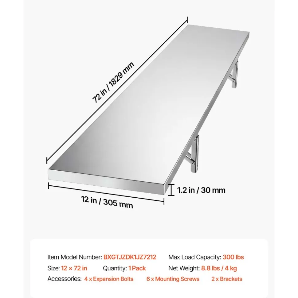 VEVOR Stainless Steel Shelf 12" x 72" Foldable Wall Mount Floating Shelf, Heavy-Duty Commercial Shelves with Brackets, 300LBS Capacity, Easy to Clean, Suitable for Restaurant, Home Kitchen, Garage