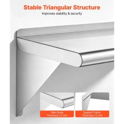 VEVOR Stainless Steel Shelf 12" x 24" Commercial Wall Mount Floating Shelf, Heavy-Duty Storage Rack with Brackets, 250LBS Strong Capacity, Easy to Clean, Suitable for Restaurant, Home Kitchen, Garage