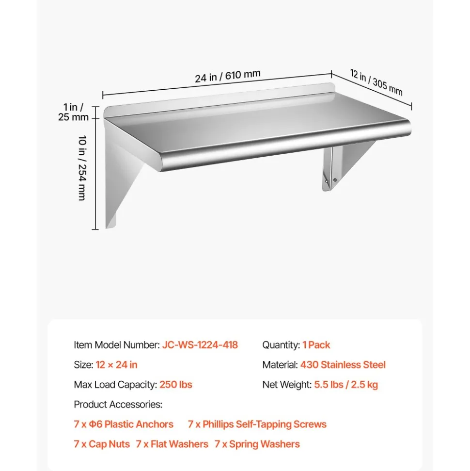 VEVOR Stainless Steel Shelf 12" x 36" Commercial Wall Mount Floating Shelf, Heavy-Duty Storage Rack with Brackets, 300LBS Strong Capacity, Easy to Clean, Suitable for Restaurant, Home Kitchen, Garage