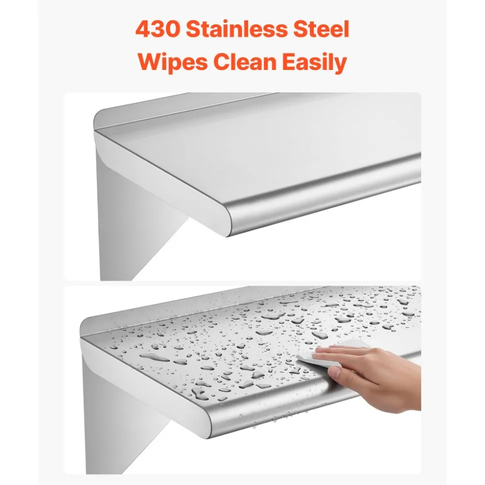 VEVOR Stainless Steel Shelf 12" x 36" Commercial Wall Mount Floating Shelf, Heavy-Duty Storage Rack with Brackets, 300LBS Strong Capacity, Easy to Clean, Suitable for Restaurant, Home Kitchen, Garage