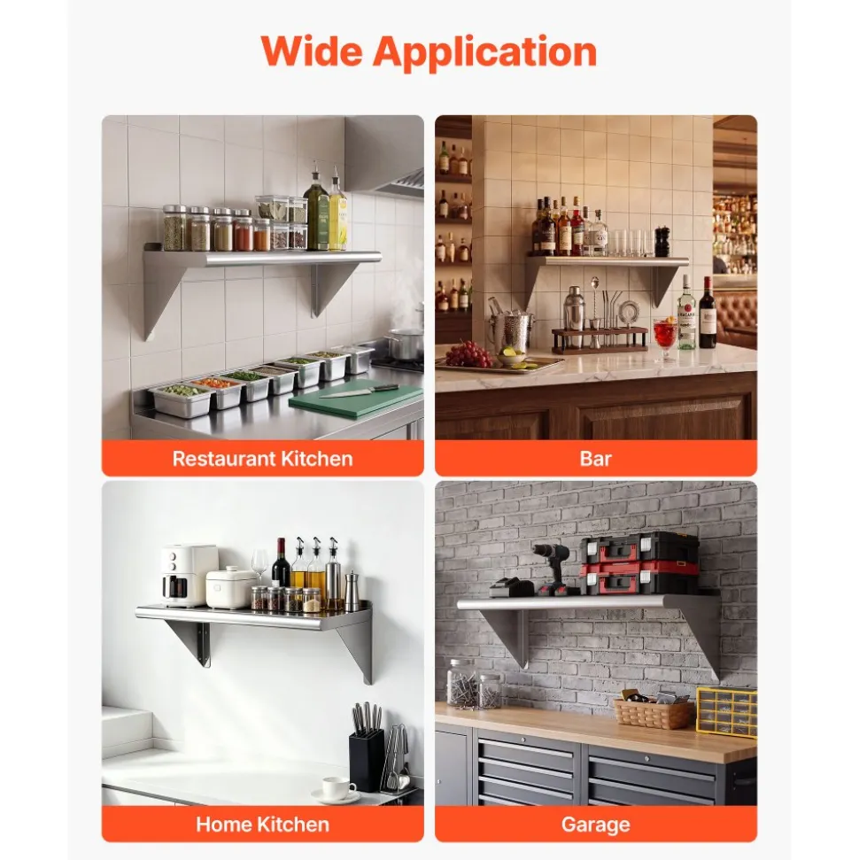 VEVOR Stainless Steel Shelf 12" x 36" Commercial Wall Mount Floating Shelf, Heavy-Duty Storage Rack with Brackets, 300LBS Strong Capacity, Easy to Clean, Suitable for Restaurant, Home Kitchen, Garage