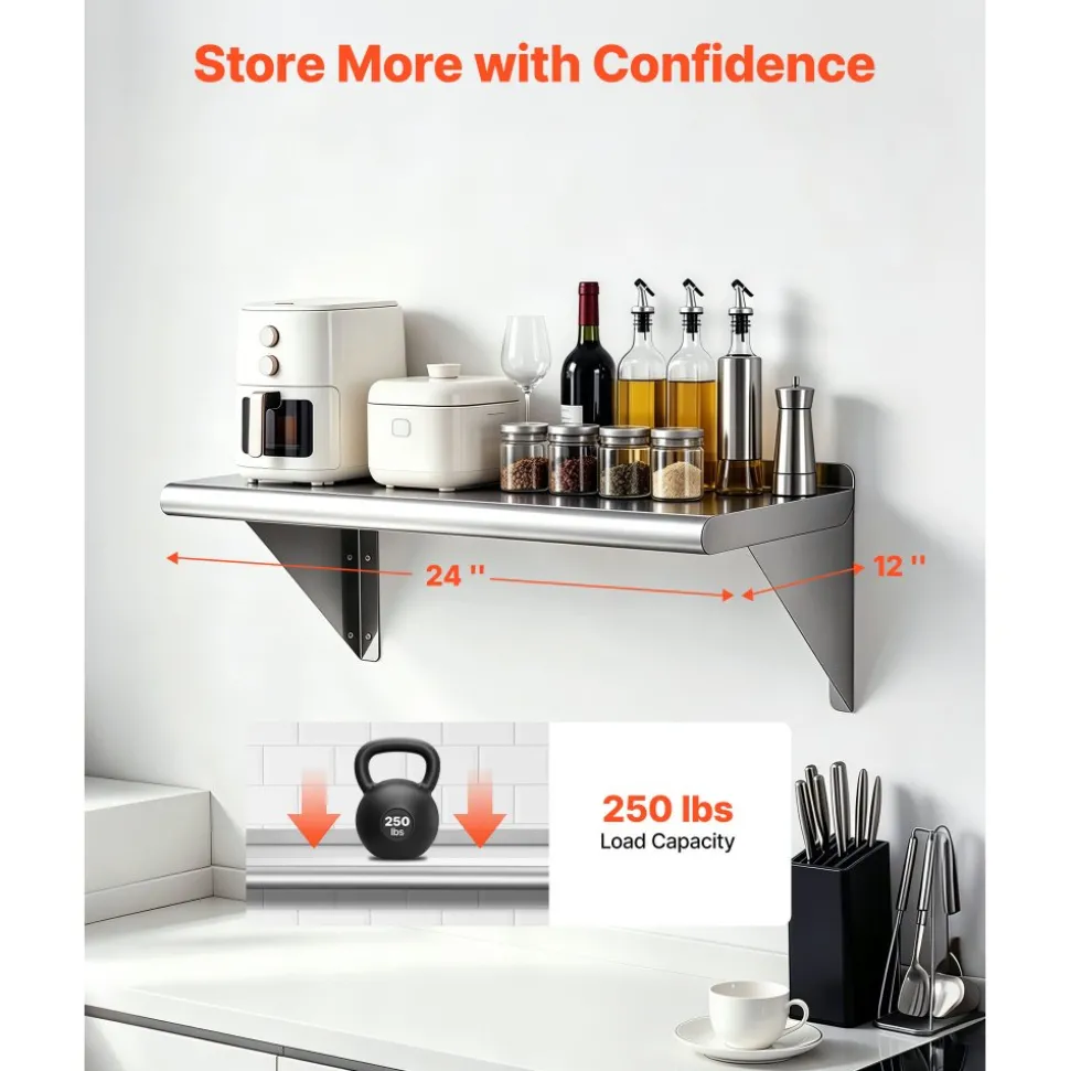 VEVOR Stainless Steel Shelf 12" x 36" Commercial Wall Mount Floating Shelf, Heavy-Duty Storage Rack with Brackets, 300LBS Strong Capacity, Easy to Clean, Suitable for Restaurant, Home Kitchen, Garage