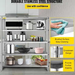 VEVOR Stainless Steel Shelving 60x18.5 Inch 5 Tier Adjustable Shelf Storage Unit Stainless Steel Heavy Duty Shelving for Kitchen Commercial Office Garage Storage 330lb Per Shelf