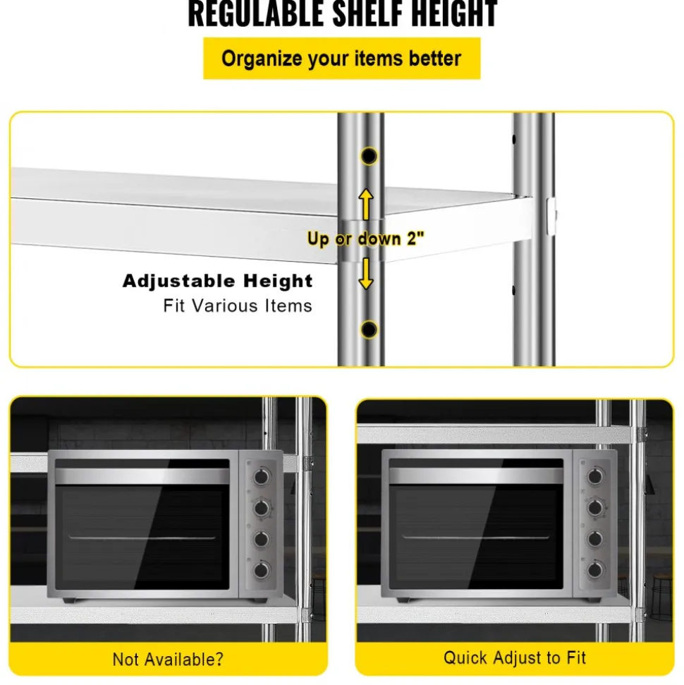 VEVOR Stainless Steel Shelving 60x18.5 Inch 5 Tier Adjustable Shelf Storage Unit Stainless Steel Heavy Duty Shelving for Kitchen Commercial Office Garage Storage 330lb Per Shelf