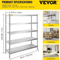 VEVOR Stainless Steel Shelving 60x18.5 Inch 5 Tier Adjustable Shelf Storage Unit Stainless Steel Heavy Duty Shelving for Kitchen Commercial Office Garage Storage 330lb Per Shelf