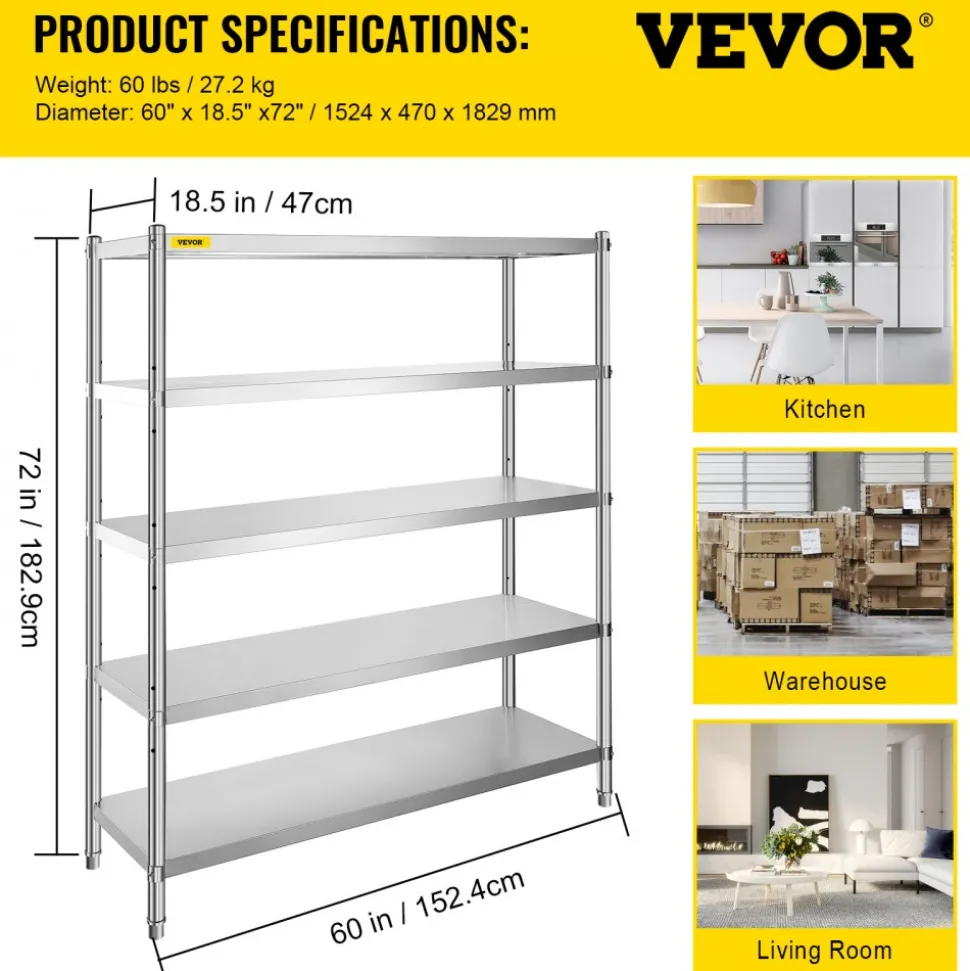 VEVOR Stainless Steel Shelving 60x18.5 Inch 5 Tier Adjustable Shelf Storage Unit Stainless Steel Heavy Duty Shelving for Kitchen Commercial Office Garage Storage 330lb Per Shelf
