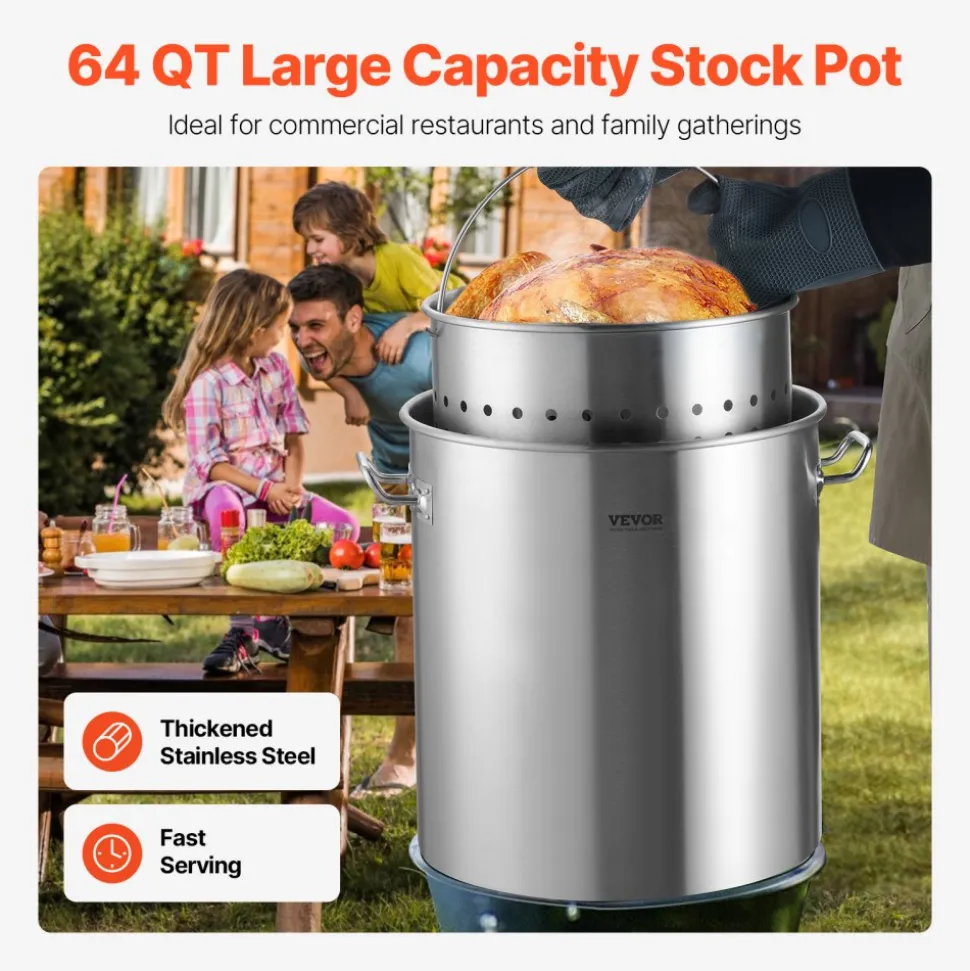 VEVOR Stainless Steel Stockpot, 54L Large Cooking Pots, Cookware Sauce Pot with Basket, Lid, and Handle, Heavy Duty Commercial Grade Stock Pot, Sanding Treatment, for Large Groups Events Silver