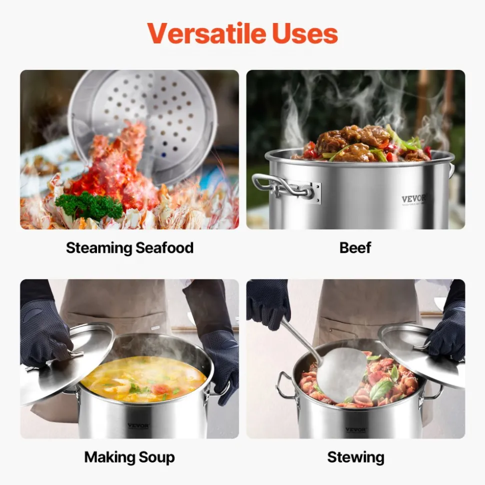 VEVOR Stainless Steel Stockpot, 42 Quart Large Cooking Pots, Multipurpose Cookware Sauce Pot with Lid & Handle, Heavy Duty Commercial Grade Stock Pot, Sanding Treatment, for Large Groups Events Silver