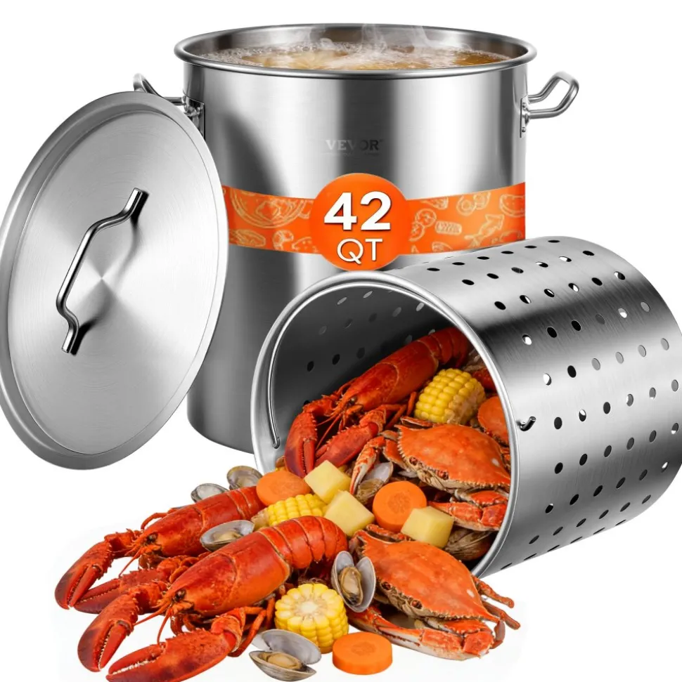 VEVOR Stainless Steel Stockpot, 42 Quart Large Cooking Pots, Cookware Sauce Pot with Basket, Lid, and Handle, Heavy Duty Commercial Grade Stock Pot, Sanding Treatment, for Large Groups Events Silver