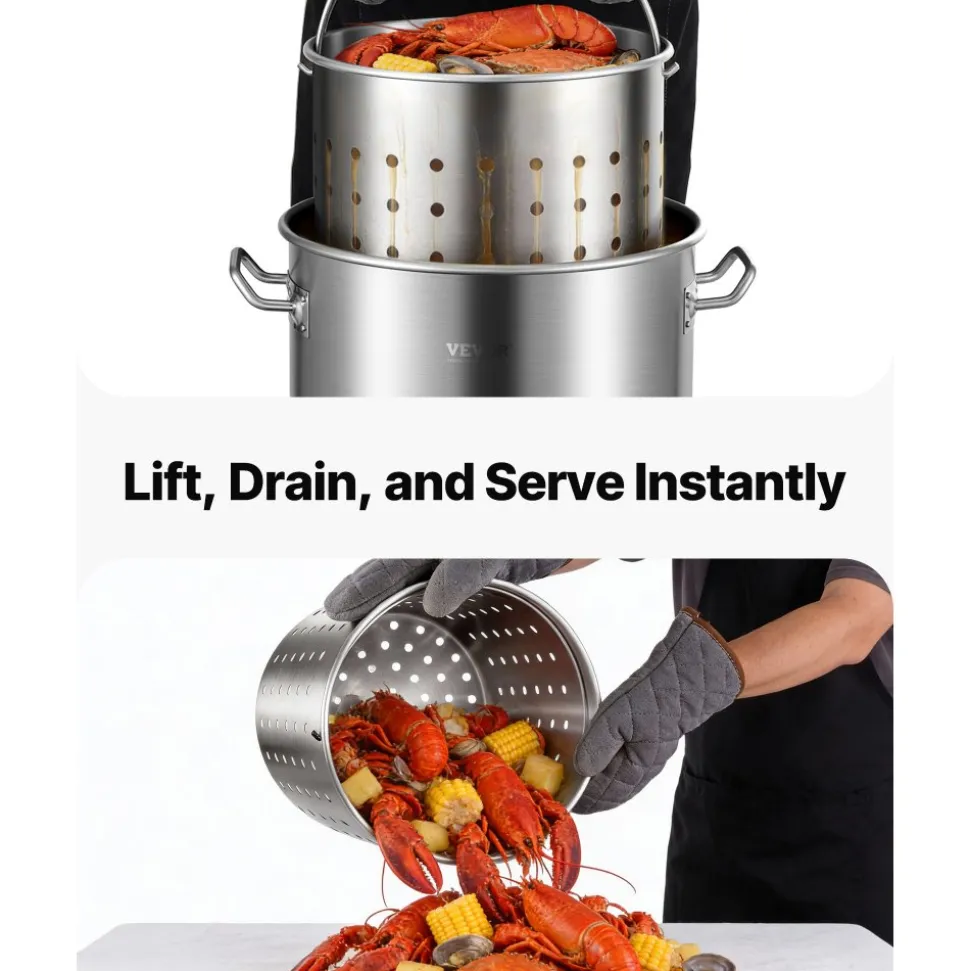 VEVOR Stainless Steel Stockpot, 42 Quart Large Cooking Pots, Cookware Sauce Pot with Basket, Lid, and Handle, Heavy Duty Commercial Grade Stock Pot, Sanding Treatment, for Large Groups Events Silver