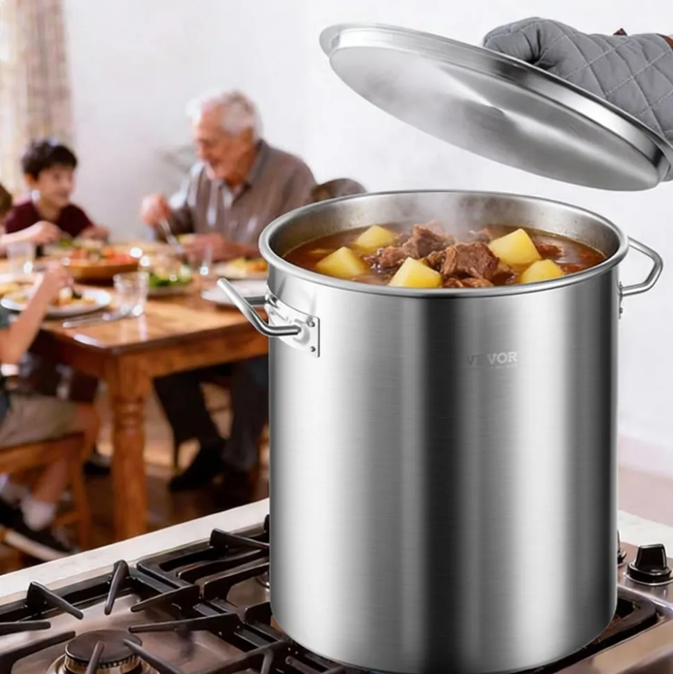 VEVOR Stainless Steel Stockpot, 42 Quart Large Cooking Pots, Cookware Sauce Pot with Basket, Lid, and Handle, Heavy Duty Commercial Grade Stock Pot, Sanding Treatment, for Large Groups Events Silver