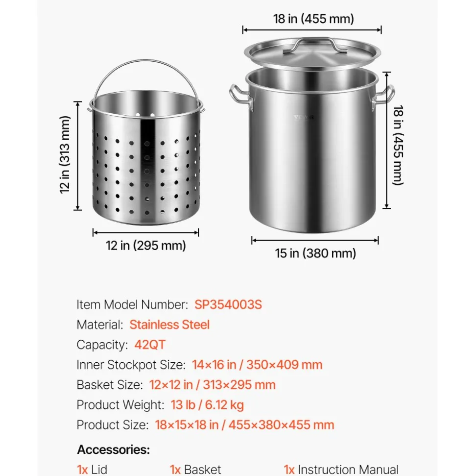 VEVOR Stainless Steel Stockpot, 42 Quart Large Cooking Pots, Cookware Sauce Pot with Basket, Lid, and Handle, Heavy Duty Commercial Grade Stock Pot, Sanding Treatment, for Large Groups Events Silver