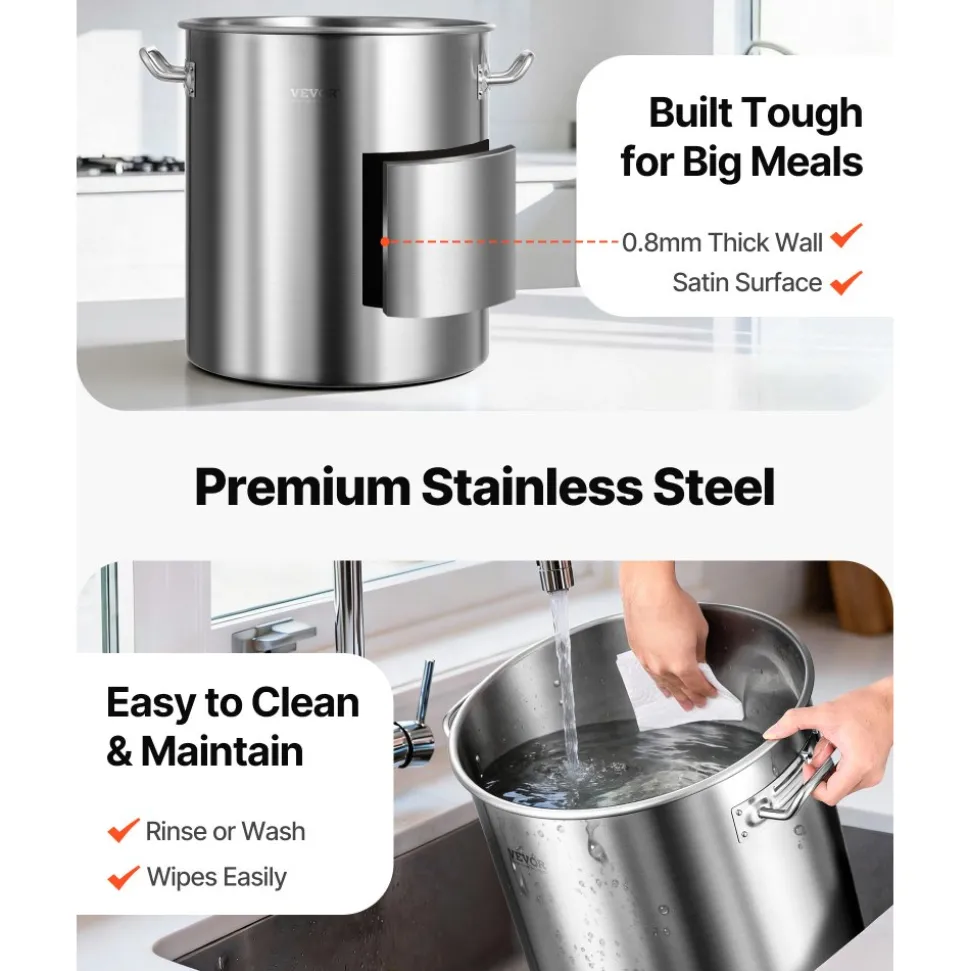 VEVOR Stainless Steel Stockpot, 42 Quart Large Cooking Pots, Cookware Sauce Pot with Basket, Lid, and Handle, Heavy Duty Commercial Grade Stock Pot, Sanding Treatment, for Large Groups Events Silver
