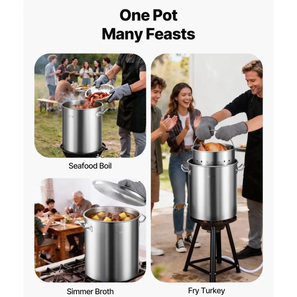 VEVOR Stainless Steel Stockpot, 42 Quart Large Cooking Pots, Cookware Sauce Pot with Basket, Lid, and Handle, Heavy Duty Commercial Grade Stock Pot, Sanding Treatment, for Large Groups Events Silver